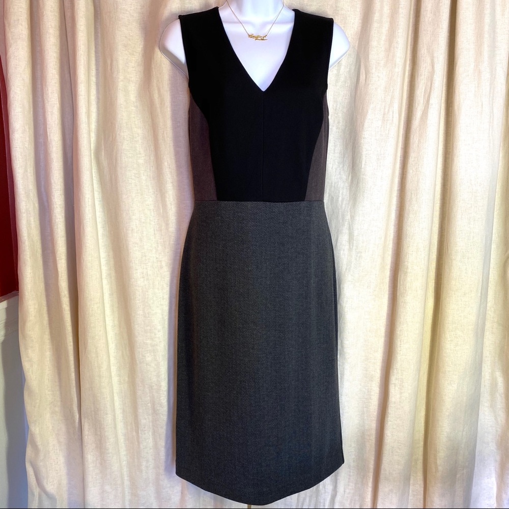 Loft Black Gray Herringbone Career Dress V Neck